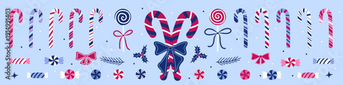 Pink and blue retro Christmas sweets, lollipops, candy canes, bows set. Peppermint candies vector collection.