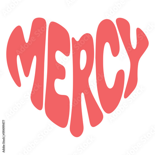 A stylized red word 'mercy' in a bold, playful font on a white background
