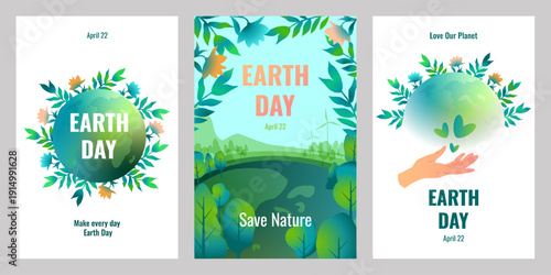A set of posters for World Earth Day. Concept of ecology and environmental protection. Suitable for graphic and web design, presentation and printed materials.