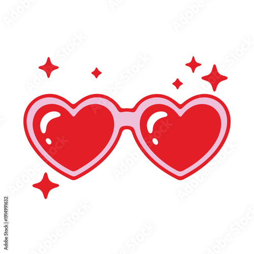 A pair of heart-shaped sunglasses with red lenses and sparkles, symbolizing love and fun