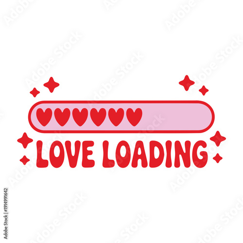 A vector graphic illustration of a loading bar with hearts and the words 'LOVE LOADING' in a playful, modern design
