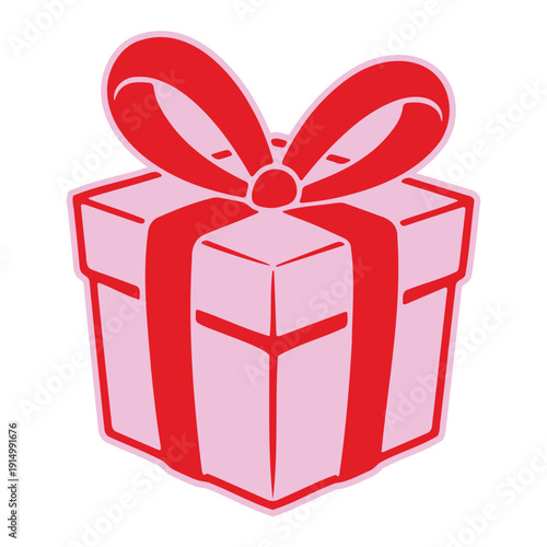 A minimalist vector graphic of a pink gift box with a red ribbon and bow on a white background