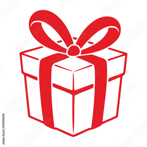 A red and white vector graphic of a gift box with a ribbon tied around it