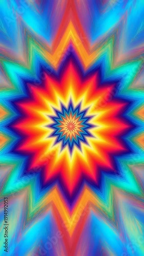 Vibrant psychedelic starburst pattern with rainbow colors and sharp geometric points