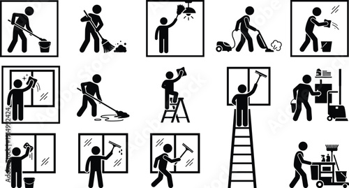 Set of professional cleaning service silhouettes, janitorial icons, housekeeping symbols, sweeping, mopping, waste management, window cleaning, sanitation, maintenance workers, and hygiene,