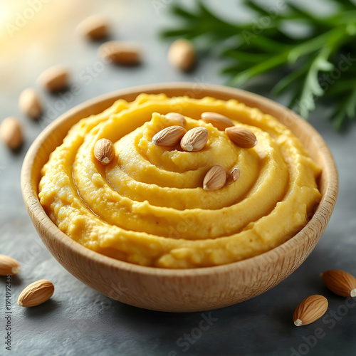 Creamy Yellow Dip with Almonds in Wooden Bowl