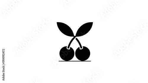 A black and white graphic showing a pair of cherries with leaves
