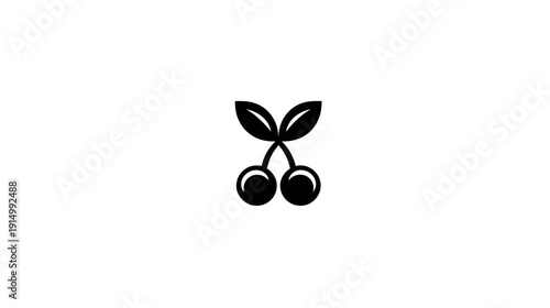 A black and white illustration of two cherries attached at the stem with two leaves