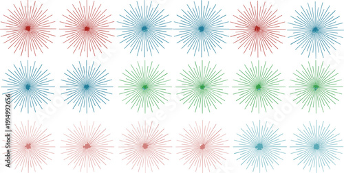 Collection of colorful circular starburst and sunburst line art icons in red blue green and pink isolated on white background.