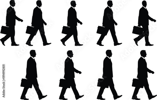 Set of walking businessman silhouettes with briefcase, corporate professional icons, male executive in suit, career mobility, and office worker,