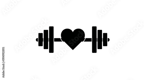 A black silhouette of a barbell, with a heart placed in the center. Weights are on both sides