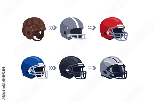 Evolution of American football helmets from vintage leather designs to modern protective gear with face masks, showing historical progression.