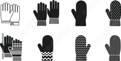 Set of winter glove silhouettes, knitted mittens icons, protective work gloves, seasonal cold weather apparel, fashion handwear symbols, and,