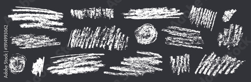 White crayon or charcoal shapes set. Doodle forms with grunge pastel pencil texture. Hand drawn chalk scribbles or rough elements. Sketchy brushes for banner design, graffiti, childish drawing.