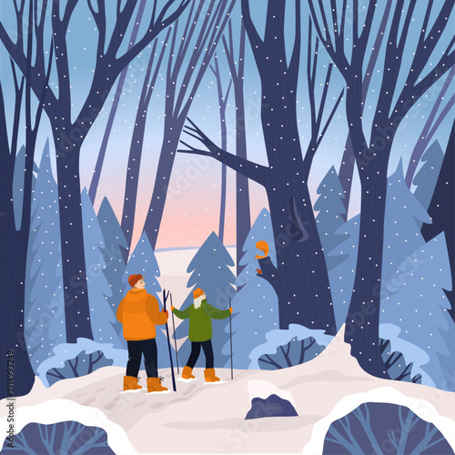 A frosty evening. A boy and a girl are walking through a winter forest. We met a squirrel in a tree. It's snowing at sunset.