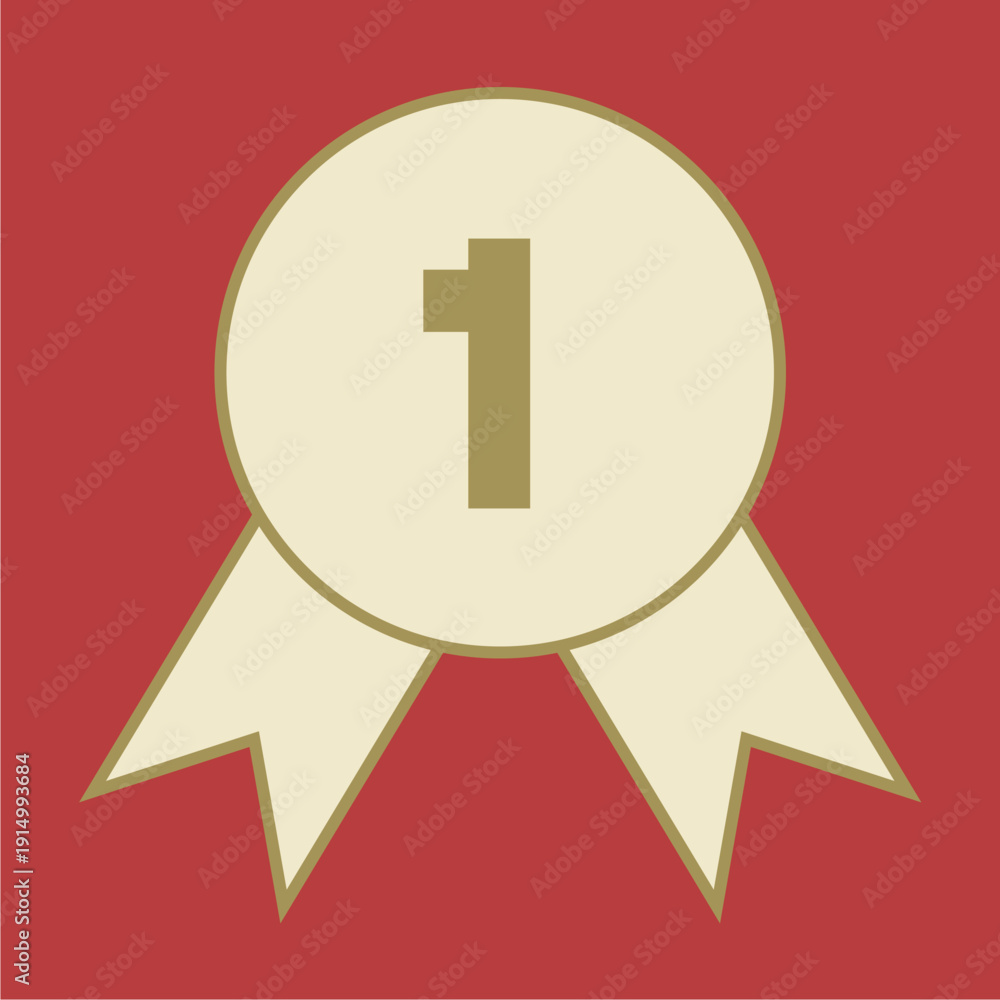 Obraz premium Minimalist First Place Award Icon Featuring a Gold Number One on a Cream Circle with Ribbons Set Against a Vibrant Red Background for Achievement Recognition and Winner Victory Celebration