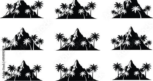 Tropical island mountain silhouette set, black palm tree beach vector icons, exotic summer landscape design elements, coastal nature travel illustrations,