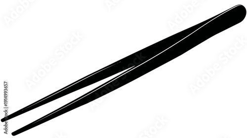 A black and white depiction of a pair of angled tweezers, isolated on a white background