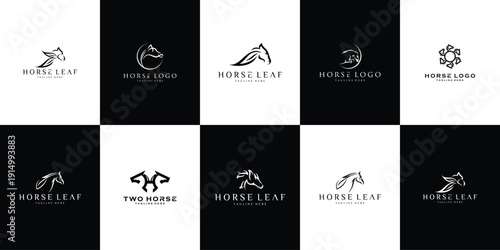 Horse animal illustration logo set collection with clean minimal style vector logo, representing strength, freedom, and natural movement concept.