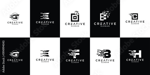 Digital pixel initial letter logo set collection with modern geometric style vector logo, representing technology, data, and innovative branding identity.