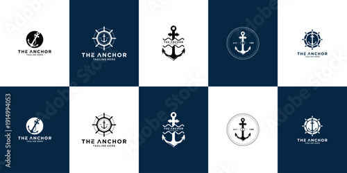 Anchor nautical symbol illustration logo set collection with clean minimal style vector logo, representing stability, maritime, and ocean heritage concept.