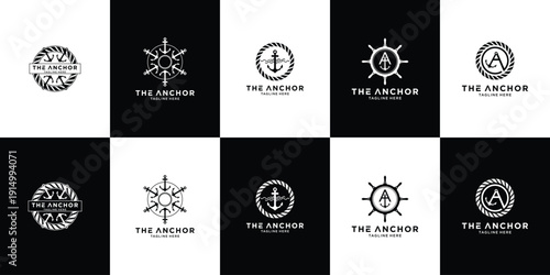 Anchor nautical symbol illustration logo set collection with clean minimal style vector logo, representing stability, maritime, and ocean heritage concept.