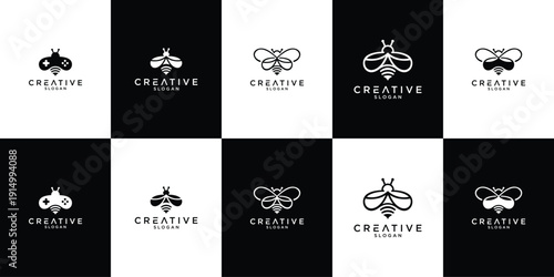 Bee insect illustration logo set collection with clean minimal style vector logo, representing nature, pollination, and eco wildlife concept.