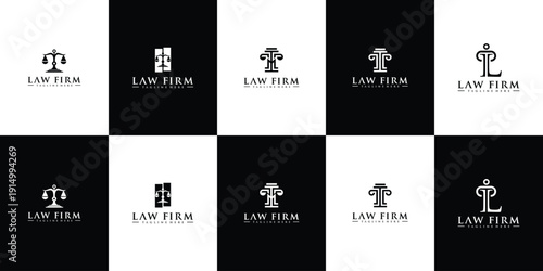 Law justice symbol illustration logo set collection with clean minimal style vector logo, representing legal system, authority, and professional services.