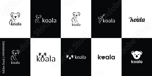 Koala resting on eucalyptus tree in natural habitat logo set collection with clean minimal style vector logo, representing wildlife, nature, and iconic Australian animal.
