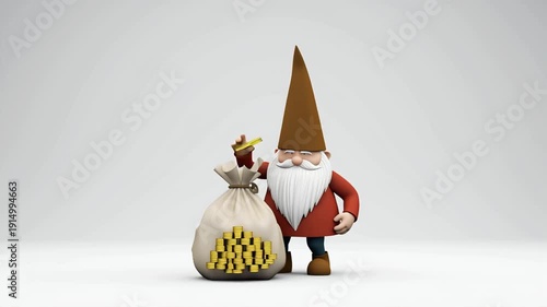 Cute cartoon gnome with a bag of gold coins 3D animation