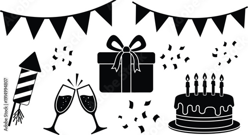 Birthday celebration elements with cake gifts and decorations