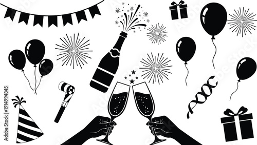 New year's eve celebration with champagne and fireworks