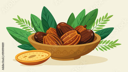 Fresh organic date fruits with green palm leaf on white background.eps