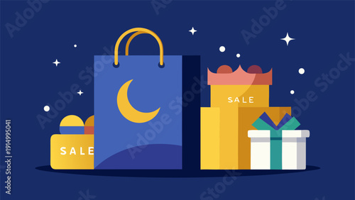 Muslim holiday sale concept with festive shopping bags and holiday gifts.eps