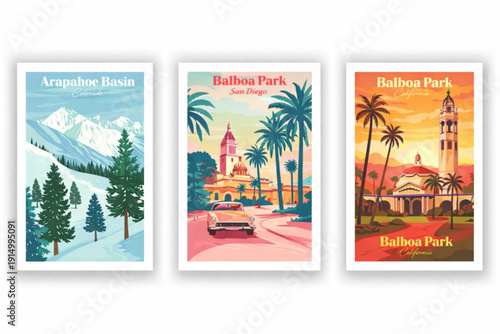 Vintage travel posters of Arapahoe Basin and Balboa Park