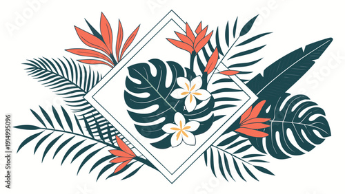 Summer Beach Party flyer with tropical hibiscus and monstera leaves.eps
