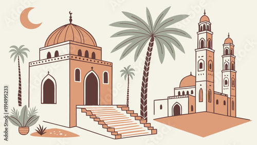 Collection of flat vector Islamic architecture icons in earthy bohemian tones.eps