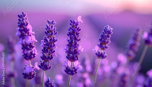Purple flowers bloom in a blurry field at dusk, with vibrant depth of field