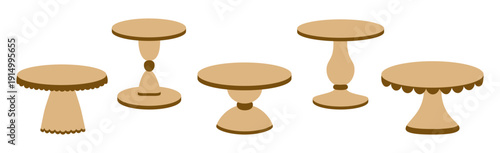 Simple flat wooden cake stands set. Vector illustration of empty cake stands of different shapes isolated on white background. Wedding banquet element
