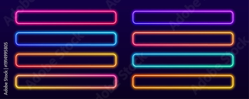Neon rectangular frames with rounded edges glow in vibrant gradient colors. Electric light borders add dynamic depth and motion effect. Ideal for banners, digital ads, or tech visuals.