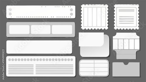 Blank white ticket templates set with barcodes and perforated edges.eps