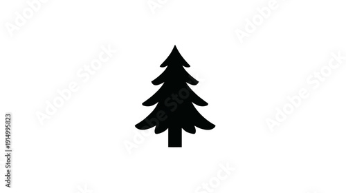 A silhouette of a stylized evergreen tree, in black against a white background, minimal and clean