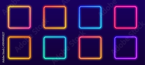 Gradient neon square frames glow brightly on a dark background. Soft pink, purple, and blue hues create a futuristic light effect. Perfect PNG for digital banners or web designs.