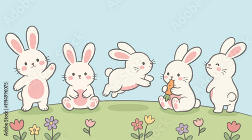 Cute Cartoon White Rabbits Vector Illustration | Adorable Bunny Clipart for Kids, Easter, Spring Designs | Playful Animal Graphics, Sitting, Standing, Lying Bunny Poses