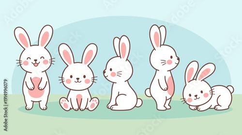 Cute Cartoon White Rabbits Vector Illustration | Adorable Bunny Clipart for Kids, Easter, Spring Designs | Playful Animal Graphics, Sitting, Standing, Lying Bunny Poses