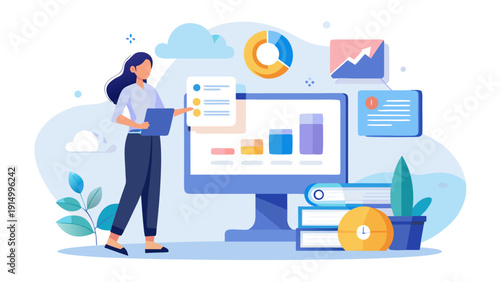 Isometric data analytics and cloud computing technology illustration.eps