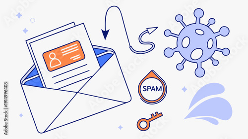 Cybersecurity Breach Illustration of Spam Envelope and Malware Alert.eps