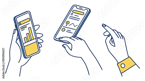 Hand holding smartphone with business data dashboard and financial charts.eps