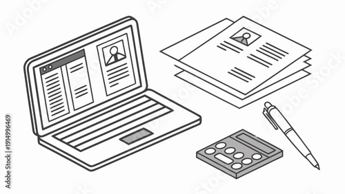 Modern workspace with laptop, calculator and business reports on desk.eps