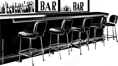 A black and white illustration of a bar with stools, bottles, and signs that read "BAR
